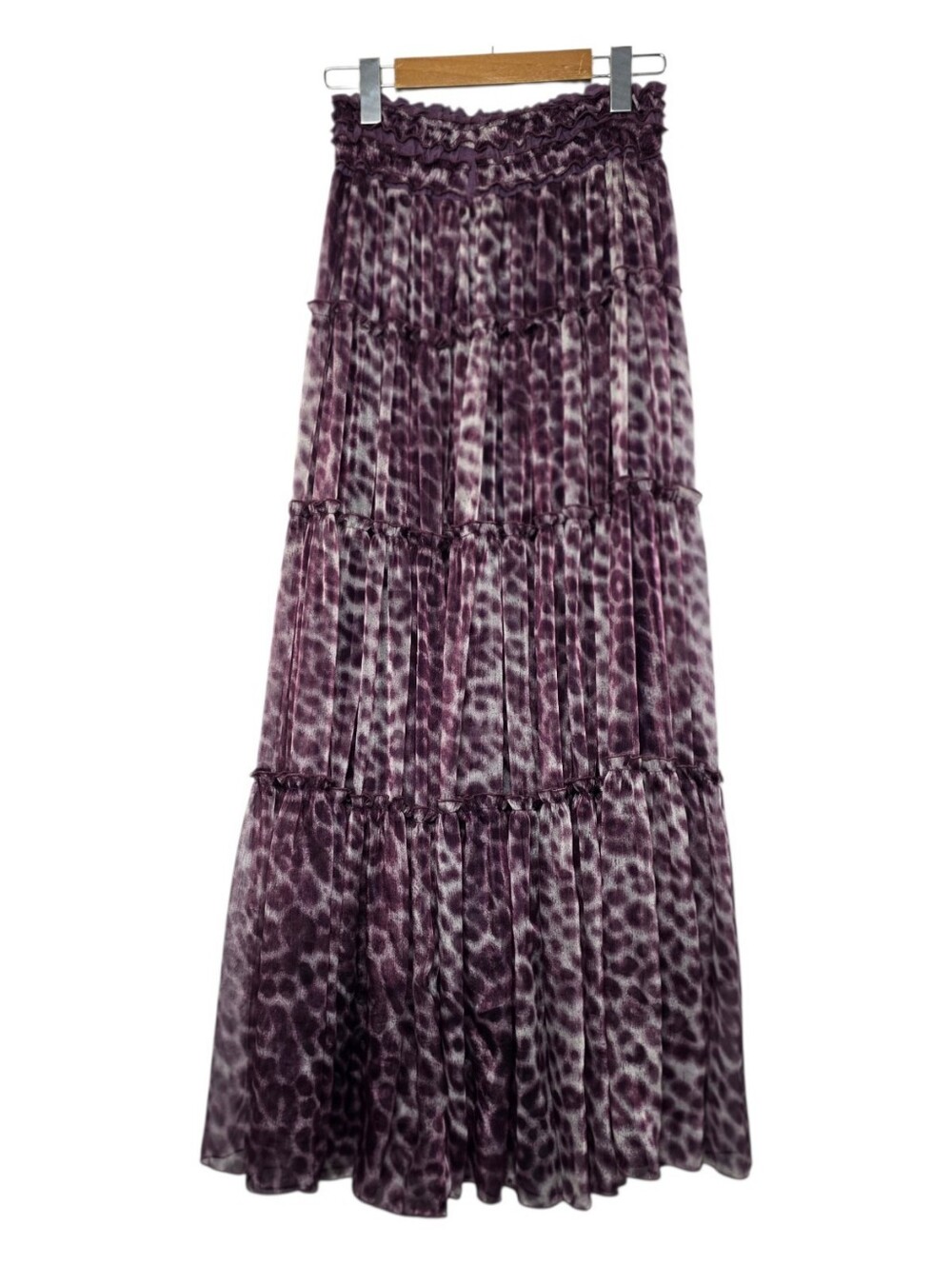 Purple Leopard Print Tiered Lined Maxi Skirt Sz L Ruffle Smocked Elastic Waist